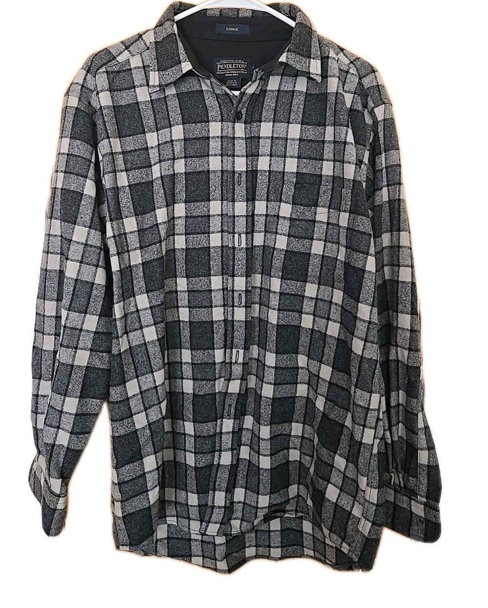 Pendleton Lodge Flannel Shirt M Black Gray Button Down Plaid Wool Casual
